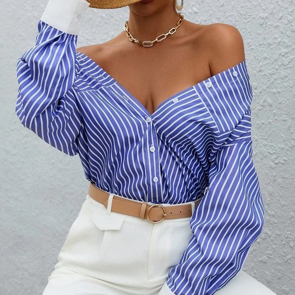 Classic Striped Print Button Front Shirt Blue and White - Picture 2 of 5